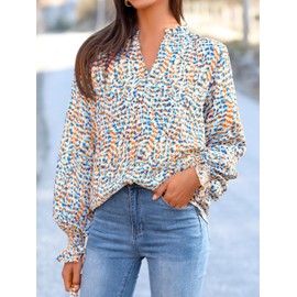 MASCOMODA Womens V Neck Floral Long Sleeve Tops 2025 Summer Casual Loose Puff Sleeve Chiffon Boho Work Blouse Dressy T Shirts(Floral Blue White,Medium)