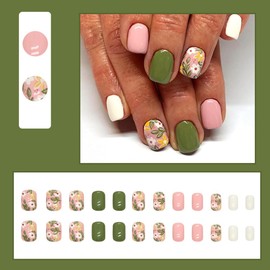 24 Pcs Pink Press on Nails Short Square - SHANRUN Spring Flowers Green White Fake Nails French Glossy Gel-X Nail Tips Full Cover Acrylic Nails Press ons with Nail File Stick Jelly Glue on Nails Kit