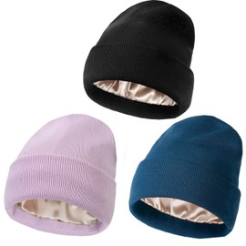 Satin Lined Knit Beanie Hat for Women Men Lightweight Winter Silk Lining Soft Slouchy Warm Cuffed Beanie Hat Anti-Static, Black+blue+purple, Small-Large