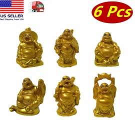 Set of 6 GOLDEN Feng Shui Laughing Maitreya Buddha Figures & Statue Luck