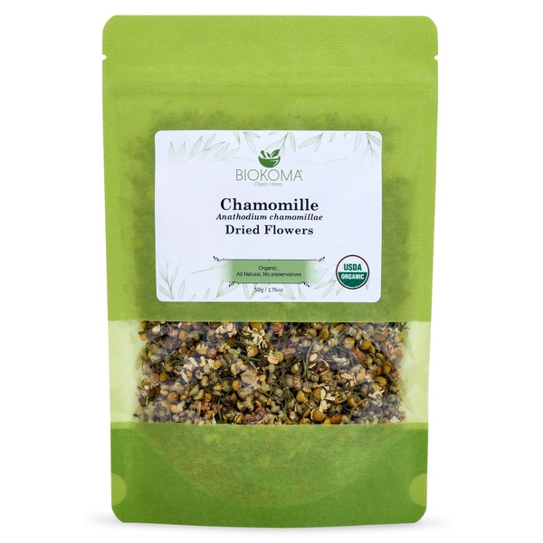 Biokoma Pure and Organic Chamomile Dried Flowers 50g (1.76oz) in Resealable Moisture Proof Pouch