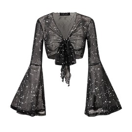 For G and PL Women Summer 70s 80s Long Bell Sleeve Mesh Blouse Music Festival Tie Front Coachella Black Outfits XS