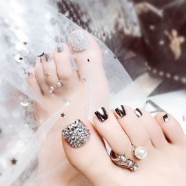 Foccna Press on Nails,Luxury Glitter Silver Fake toenails Acrylic Foot False Nails Rhinestone Design 24pcs