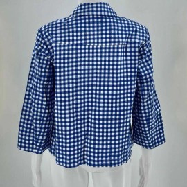 Joan Rivers Women's Blazer Jacket Small Blue Plaid Gingham Button Up 3/4 Sleeve