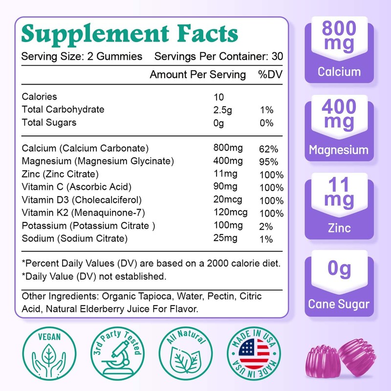 High Absorption Calcium Gummies, Sugar Free Calcium Magnesium Supplement with
