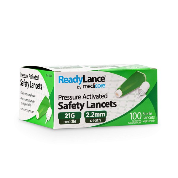 ReadyLance, Pressure Activated Safety Lancets, 100 Lancets, 21Gx2.2MM, Green