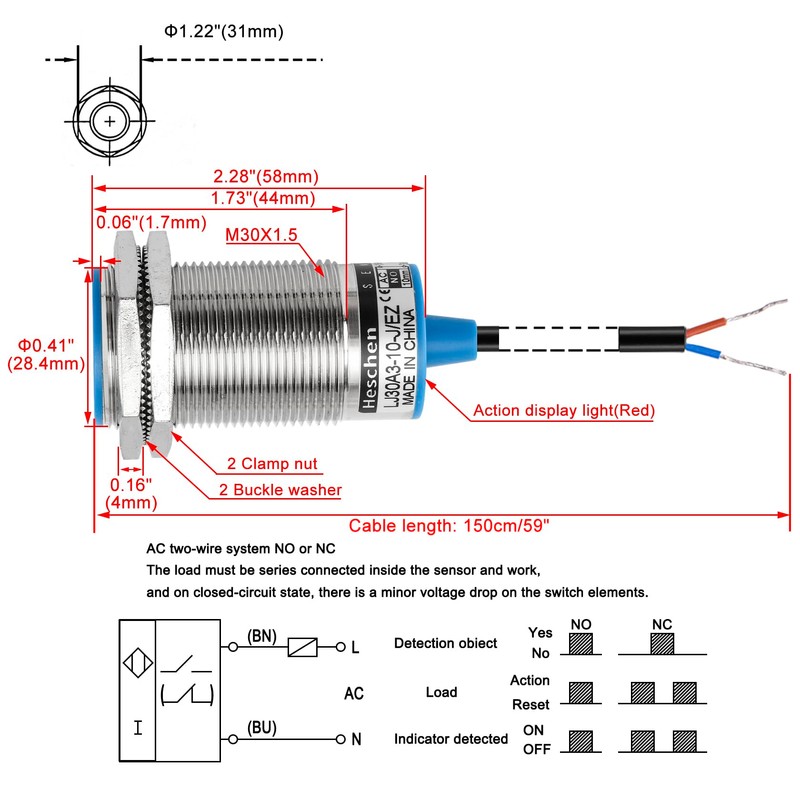 Heschen Inductive Proximity Switch LJ30A3-10-J/EZ Detector 10mm 90-250VAC 400mA Normally