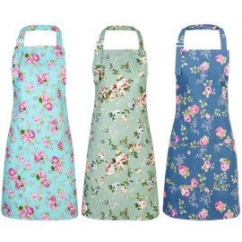 Auidy_6TXD 3 Pack Floral Aprons for Women, Adjustable Kitchen Aprons with 2 Pockets Vintage Cute Rose Floral Apron Chef Bakers Apron for Cooking Baking Gardening Apron Gift for Mom Wife Sister Grandma