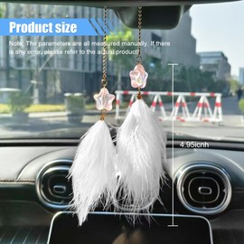 Cute Car Rearview Mirror Hanging Ornament - Fuzzy Feather & Resin Star Pendant Car Rear View Mirror Charm for Women Men, Lucky Aesthetic Auto Interior Mirrors Decoration Accessories (White)