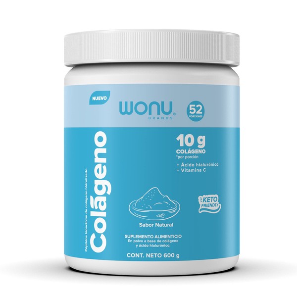 WONU, Colágeno Hidrolizado Presentación en polvo, 600 g. rinde 52 porciones, Péptidos de colágeno, Ácido hialurónico y Vitamina C, Sabor Natural