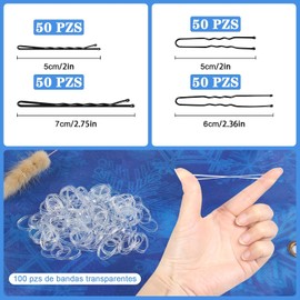 Kit de Pinzas para Cabello de 300pcs, Pinzas para el Pelo Negras y Pasadores para el Cabello, Incluye Pinzas Grandes de 2.75" y 2", Pinzas para Moño (U Pins) de 2.36" y 100 Ligas Transparentes para el Pelo