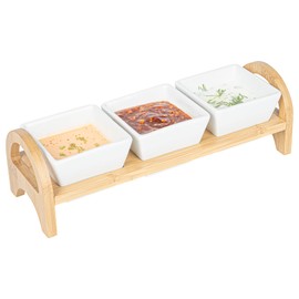 Restaurantware Triple Mini Porcelain Bowl Serving Set - 21 Ounce - Elegant Square White Porcelain Bowls with Bamboo Tray: Perfect for Tastings Catered Events and Buffets - 1ct Box
