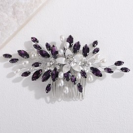 Lenjicons Elegant Flower Rhinestone Hair Comb Faux Pearls Rhinestone Wedding Headpiece Luxuries Crystal Beads Bridal Hair Comb Wedding Hair Accessories for Women (purple)