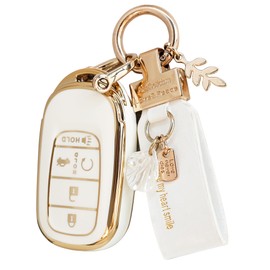 For Honda CRV Key Fob Cover 2026, Golden Key Shell for Civic HRV Pilot Accord 2025, Smart Key Case with Leather Keychain 2024, Car Accessories Bling (BT5B White)