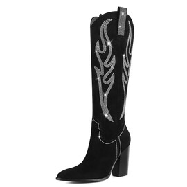Celbreez Black Cowboy Boots for Women Suede Knee High Western Boots Rhinestone Embroidered Cowgirl Boots Wide Calf Pointed Toe Side Zip Long Boots Chunky Heel Tall Boots