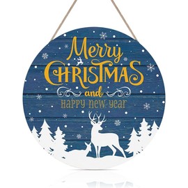 Merry Christmas And Happy New Year Wood Sign Plaque, Reindeer Snowflake Forest Wooden Wall Art Sign, Rustic Hanging Sign Decor for Living Room Farmhouse Porch Christmas New Year's Gift (12''x12'')