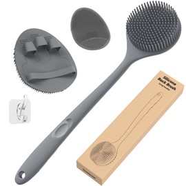 Manmihealth Silicone Back Scrubber (Thin Bristles) & Bath Glove & Face Brush Set(3PCS), Super-Exfoliating & Lathering Body Scrubber, Shower Brush, Face Scrubber Combination, with a Free Hook.(Gray)