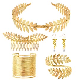 Nswayy Pack of 5 Greek Goddess Costume Jewellery Set Wedding Bridal Jewellery Upper Bangle Earrings Laurel Wreath Hair Clip Bracelet Golden Wedding Boho Leaf Hair Crown Accessories Girls Women