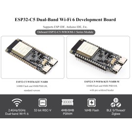 ESP32-C5 5GHz/2.4GHz Dual-Band Wi-Fi 6 Development Board, 240MHz RISC-V Processor,Onboard ESP32-C5-WROOM-1 Module,Supports BLE 5 / Thread/Zigbee Wireless Communications, 16 MB Flash and 8 MB PS-RAM