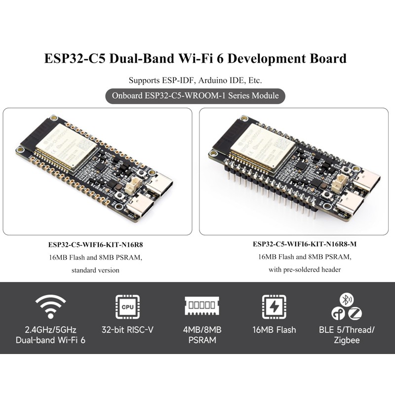 ESP32-C5 5GHz/2.4GHz Dual-Band Wi-Fi 6 Development Board, 240MHz RISC-V Processor,Onboard