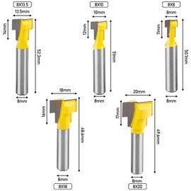 GOMETY 5-Piece 8 mm Milling Cutter Set, T-Slot Cutter, 8 mm Cutter Shank, T-Track Slot, Wood Cutter for Router, Cutter Tool Set, T-Slot Cutter for Router Woodworking Cutter Router Bit