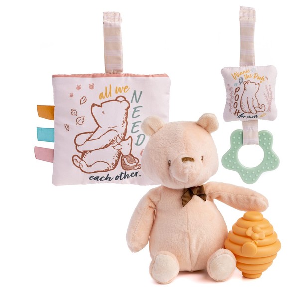 KIDS PREFERRED Classic Pooh 4 Piece Set with Pooh Stuffed Animal, Squeaker Toy, Crinkle Square, and Teether