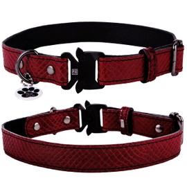 FAVPET Thin Leather Dog Collar with QR Code Pendant, Adjustable Genuine Leather Dog Collar, High-Quality Leather Dog Collar with Cobra Buckle, Soft Dog Collar, Genuine Leather (L, Red)