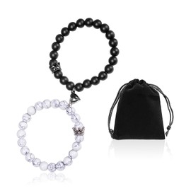 CYNOSURETECH 1 Pair of Crown Couple Bracelets + 1 Storage Bag, Black and White Magnetic Love Bracelet, Natural Stone Bead Bracelet, Suitable as a Couple Gift for Boys and Girls