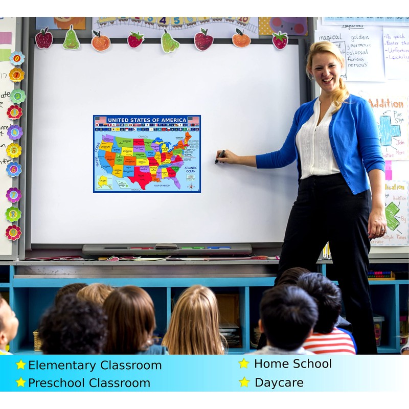 アメリカ合衆国地図と州旗ポスター ラミネート加工 14 x 19.5インチ 教育ポスター 子供用アメリカ地図 小学生教室の装飾品 教師用品