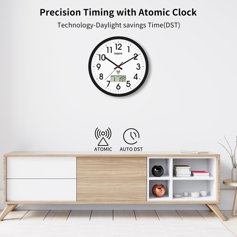 Couperos Analog Wall Clock,12inch Atomic Clock with LCD Display for