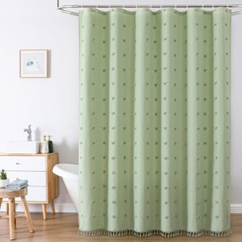 LilyCat Boho Farmhouse Sage Green Fabric Shower Curtain, 36x72 Tufted Pleat Floral Puffs Textured Tassel Cute Rustic Shower Curtain for Bathroom, Waterproof Morden Shower Curtain with Hooks