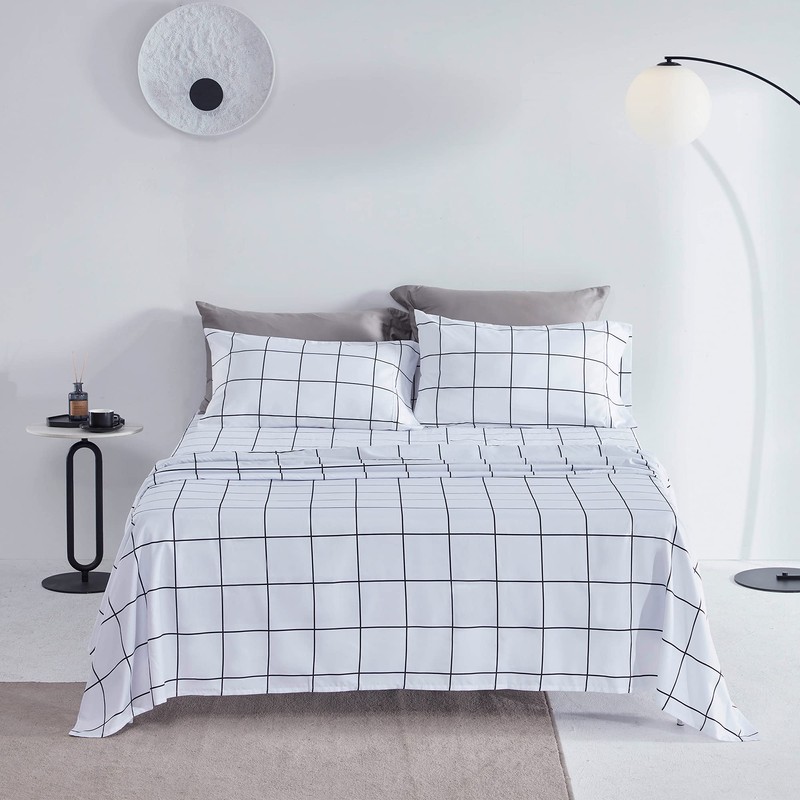 SLEEP ZONE Printed Plaid Queen Size Sheet Set 4 Piece