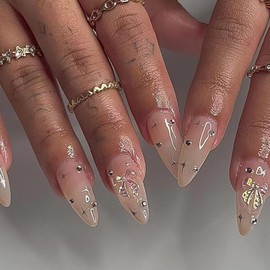 AkiliBIELY Almond Press on Nails Medium Long Bare Nude Pink Bow Rhinestone Star Fake Nails Women Glue on Nails Acrylic Gel Stick on Nails Glitter Bling Fantasy False Nails Wedding Birthday