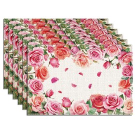 WADORN 6Pcs Rose Floral Placemats, 11.8x17.7 Inch Blooming Pink Red Rose Table Mats Romantic Rose Flower Diner Linen Place Mats Washable Table Mats for Wedding Party Holiday Home Kitchen Table Decor
