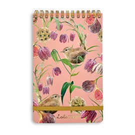 Lola Design - Top Spiral Notepad with Elastic Closure, Wren Bird Pattern - Perfect for Jotting Down Notes, Shopping Lists, Reminders - 185x120x10mm, 150 Tear-off Pages