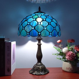 XPHMXP Tiffany Table Lamp Stained Glass Antique Bedside Nightstand Lamp Blue Pearl Style Small Antique Desk Light for Bedroom Living Room Home Office,3-Color LED Bulb Include