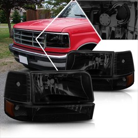 Factory Style Headlights Assembly+Bumper Lamps Compatible with 92-96 Ford F150 F250 F350 Bronco Amber Corner