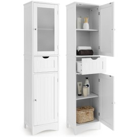 LOKO 67” Tall Bathroom Storage Cabinet with 2 Doors & 1 Drawer, Modern Floor Cabinet with Adjustable Shelves & Frosted Glass Door, Narrow Linen Tower Cabinet for Bathroom Living Room (White)