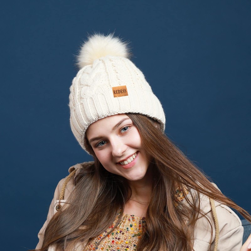 REDESS Women Winter Pompom Beanie Hat with Warm Fleece Lined,