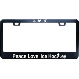 ZzUSoo Ice Hockey Peace Love License Plate Frame, 12 X 6 Inch Black Stainless Steel Car Tag Frame for Women/Men, with 2 Holes & Screws