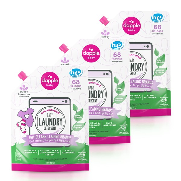Baby Laundry Detergent by Dapple Baby, Sweet Lavender, 34 Fl Oz (Pack of 3) - Concentrated, Plant Based & Hypoallergenic - Stain-Removing Natural Ingredients