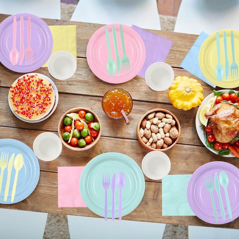 CUUSNNY 200 Pcs Pastel Rainbow Disposable Dinnerware Set, Macaron Color