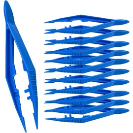 Plastic Forceps Tweezers Blue Disposable First Aid Pickup Grabbers with Finger Ridges, Serrated Tips and narrow points for Medical, Crafts, Lab and School Science Class… (10)