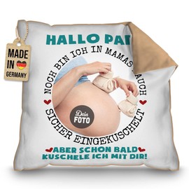 PR Print Royal Personalisiertes Kissen mit Name & Jahr selbst gestalten - Hallo Papa - Geschenk zur Schwangerschaft für werdenden Vater, Dekokissen 40 x 40 cm, mit Kissenfüllung, Rückseite Mokka
