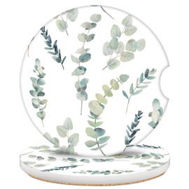 Knobcar 2 Pack Car Coasters for Cup Holders, 2.56" Universal Absorbent Ceramic Stone Car Cup Holder Coasters with Non-Slip Cork Base, Car Interior Accessories for Women Men(Green Leaf)