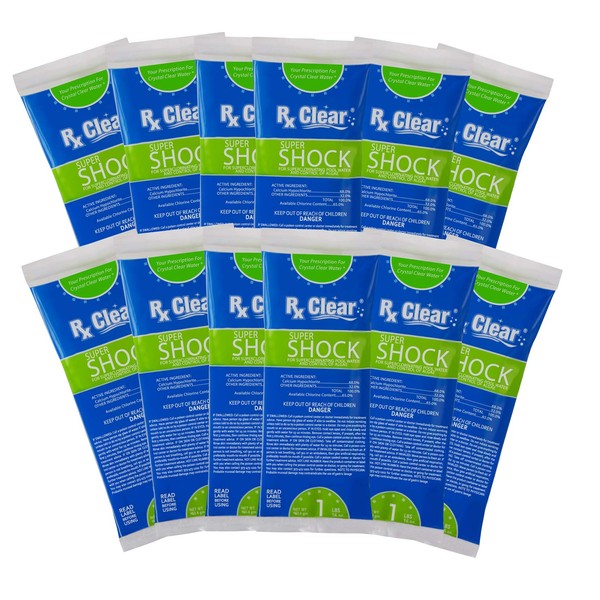 Rx Clear Super Shock for Swimming Pools | Chlorinator and Algaecide | 68% Calcium Hypochlorite Shock | Kill Pool Algae for a Crystal Clear Pool | One Pound Bags | 12 Pack