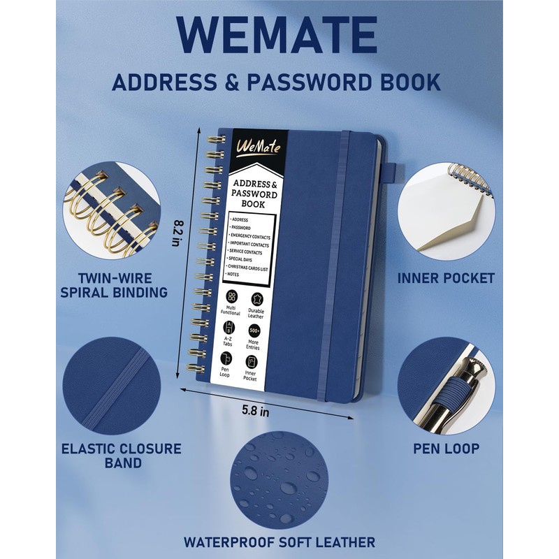 WEMATE Spiral Address Book with Alphabetical Tabs, Leather Password Book,