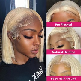 Blonde Bob Wig Human Hair 613 Lace Front Wigs Human Hair 200% Density 13x4 HD Lace Frontal Wig Pre Plucked With Baby Hair Glueless Short Straight Bob Wigs for Women (Blonde Color, 12 Inch)