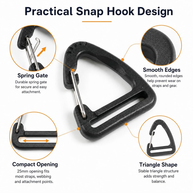 20Pcs Plastic Carabiner Clips, 1 Inch, Black Triangle Snap Hooks