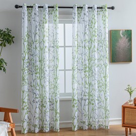 Luvyohmee Semi Sheer Curtains for Bedroom, Sage Green Curtains 63 inches Long for Living Room, Green and Grey Nature Tree Branches Patterned Linen Textured Curtains,Grommet Top (Set of 2 Panels)